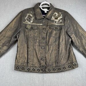 Chicos SNAZZY Womens Sequined Beaded Jacket Southwest Aztec Sz 2 Bronze Metallic